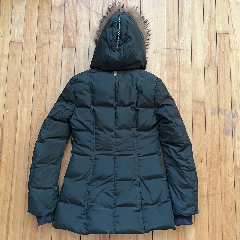 Mackage Akiva Down Puffer Coat Fur Hood Olive Green Asymmetrical Zip Size Small - Picture 3 of 11